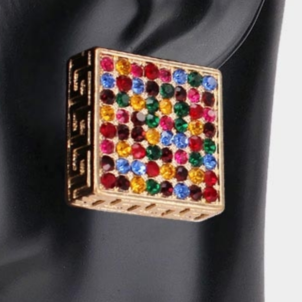 Multicolored Gold Greek Key Patterned Rhinestone Crystal Square Stud Earrings - Picture 2 of 2